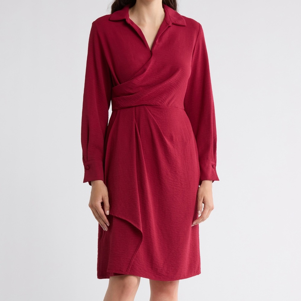 Calvin Klein Collared Long Sleeve A Line Surplice Red Dress Womens Size 10 NWT